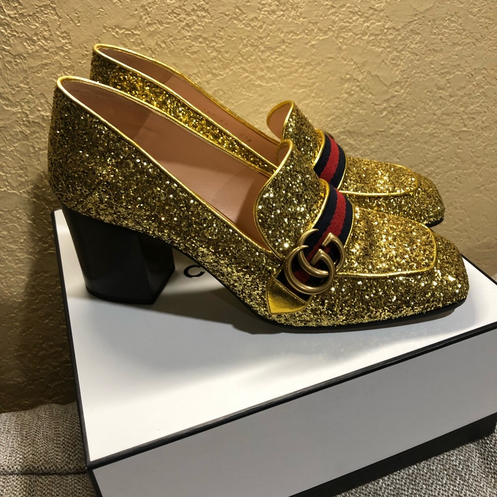 Gucci Glitter Gold Loafers with Red Heart and Blue Stripe - Picture 7 of 11